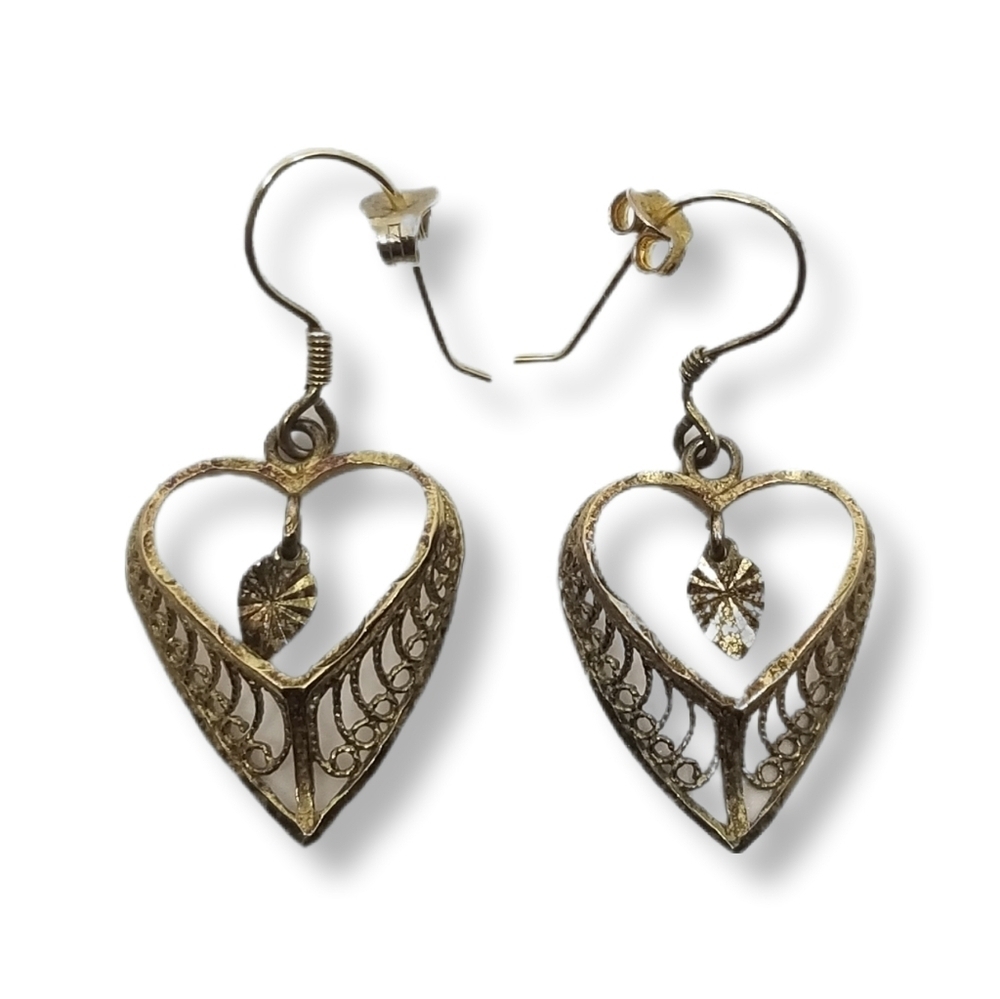 VINTAGE GOLD VERMEIL 925 TURKISH FILIGREE DESIGN HEART DROP HOOK EARRINGS
